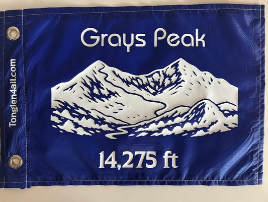 Blue banner with white text and graphic, featuring 'Grays Peak' and measurement '14,275 ft'.