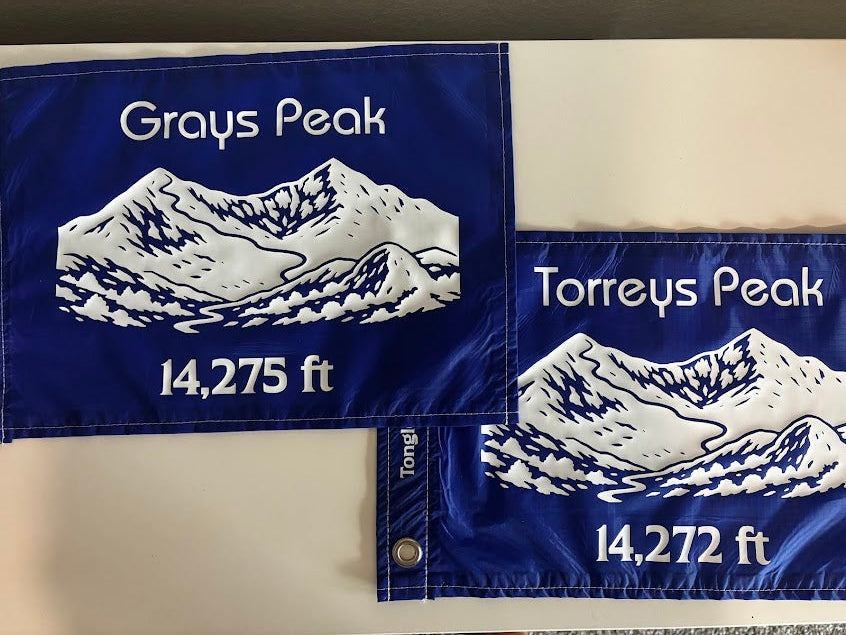 Two blue flags with mountain designs and text on a beige background
