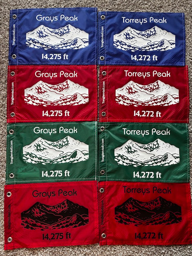 Set of eight mountain-themed fabric patches with Grays Peak and Torreys Peak illustrations.