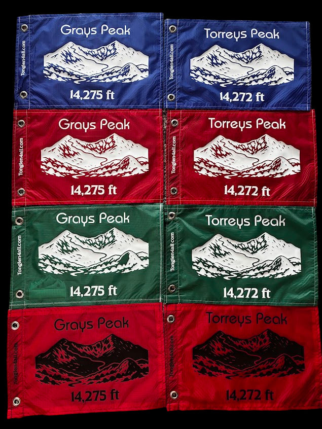 Set of eight mountain-themed fabric patches with Grays Peak and Torreys Peak illustrations.