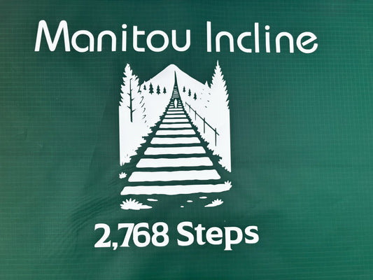 Manitou Incline logo with a stairway illustration and '2,768 Steps' text on a green background.