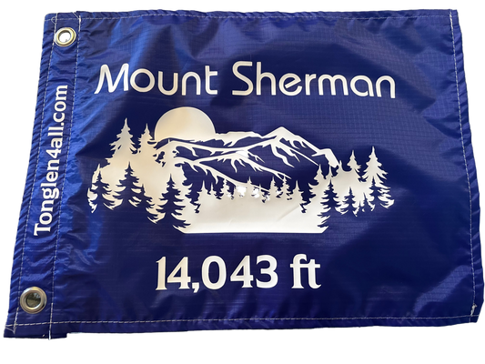 Blue flag with Mount Sherman and height 14,043 ft on a textured surface