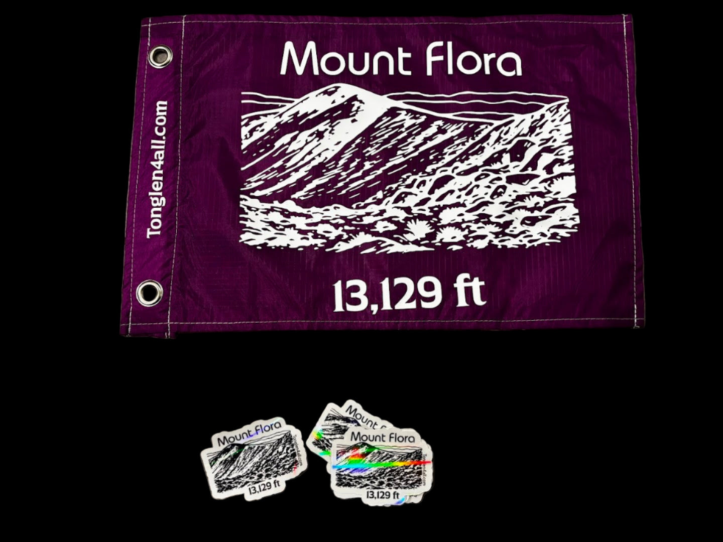 Purple flag with white text and graphics on a gray surface
