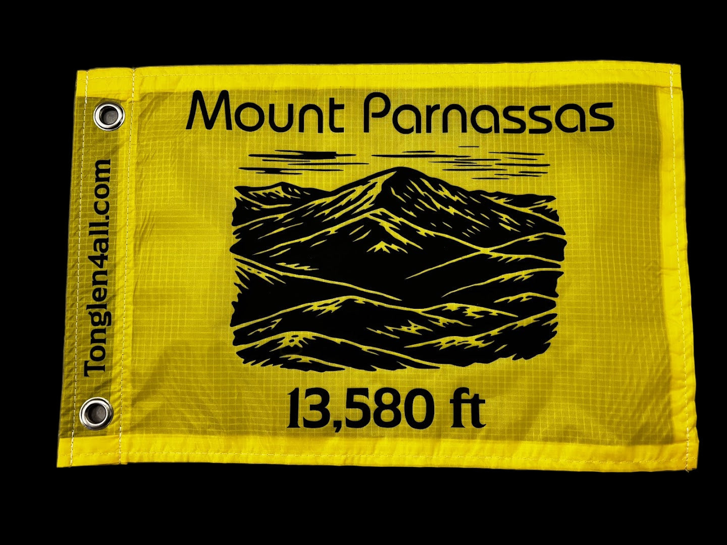 Yellow flag with black text and mountain illustration on a stone surface