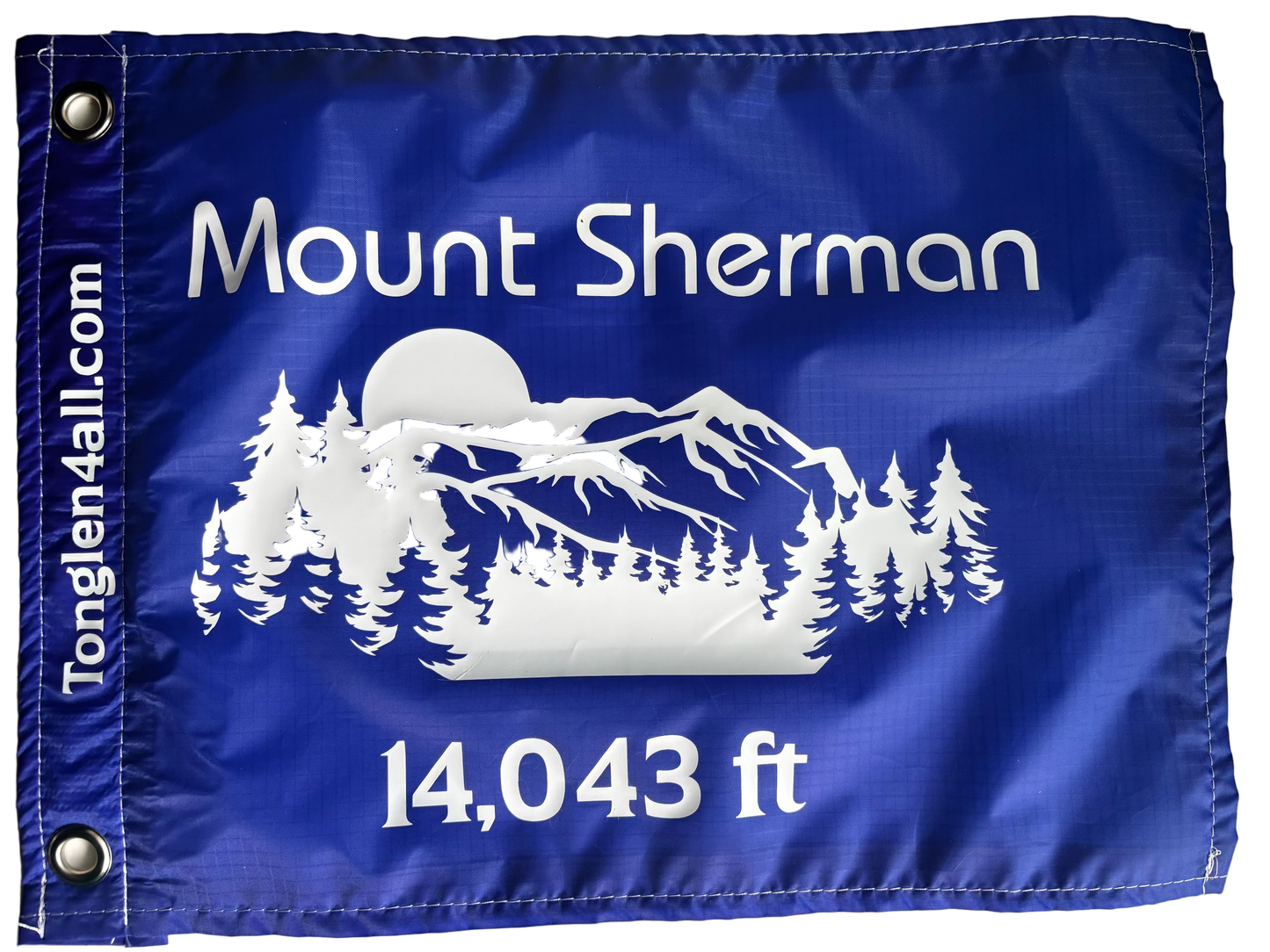 Blue flag with white text Mount Sherman with elevation 14,043 feet and image of mountain range