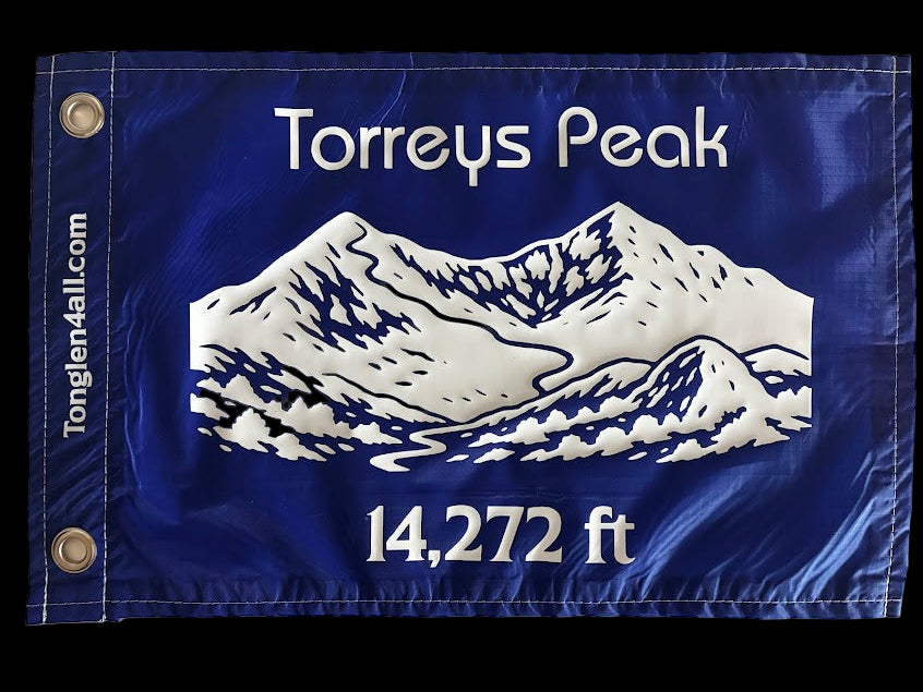 Blue flag with white mountain illustration and text on a beige background