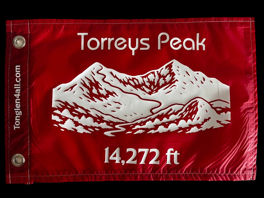 Red flag with white text and mountain illustration, featuring 'Torreys Peak' and '14,272 ft'.